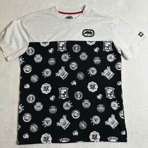 Ecko Unltd Mens XL Shirt All Over Print White Black Rhino Streetwear 90s Skater